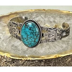 Vintage FRED HARVEY Navajo BIG Turquoise THUNDERBIRD Sterling Bracelet 6.75"
